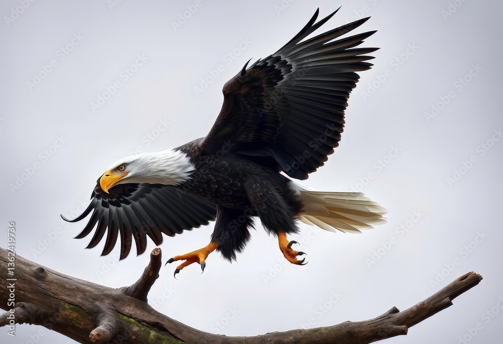 Fototapeta premium Majestic bald eagle in descent, talons extended, landing gracefully on a sturdy branch, bald eagle, nature