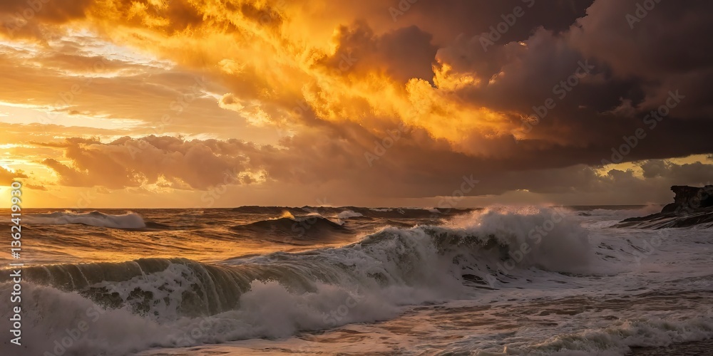 Obraz premium Dramatic sunset over ocean waves with vibrant clouds.