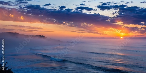 Serene sunset over the ocean with colorful clouds and gentle waves.
