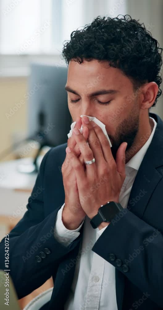 Business, person and sneeze at laptop in office, allergies or tissue for cleaning. Man accountant, sick or reaction in workplace with sinus, covid 19 or blowing nose at computer to relieve congestion Business, person and sneeze at laptop in office, allergies or tissue for cleaning. Man accountant, sick or reaction in workplace with sinus, covid 19 or blowing nose at computer to relieve congestion