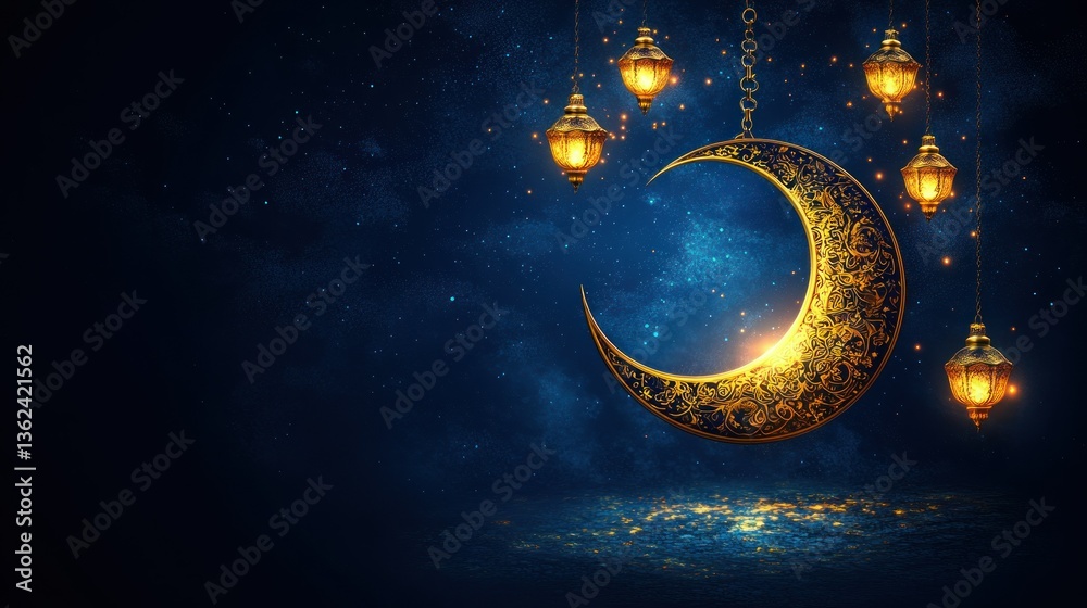 Fototapeta premium Ramadan Nights: Celestial Crescent Moon and Glowing Lanterns
