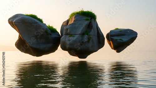 Floating Rocks Above Calm Lake in a Surreal Dreamy Scene photo