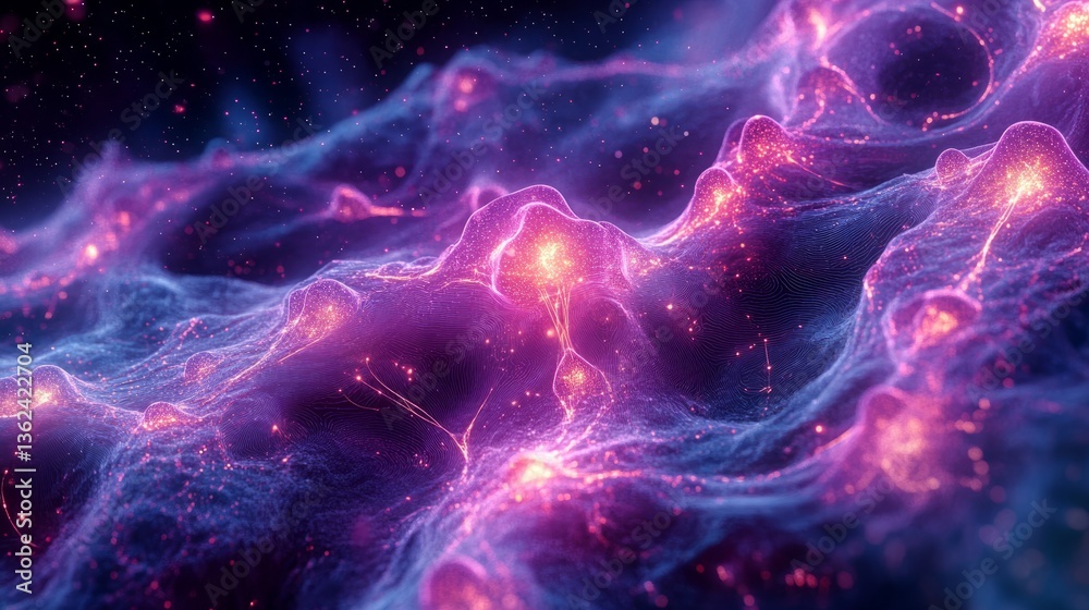 A futuristic neural network visualized with glowing paths and nodes, creating an intricate pattern on a fluid, abstract background 