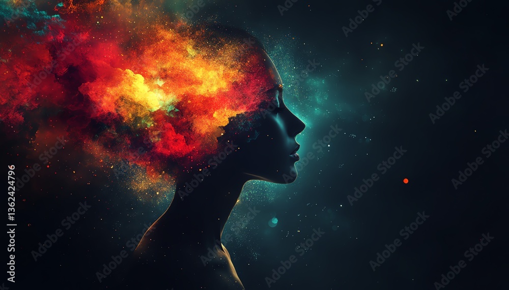 Obraz premium Abstract colorful shapes inside the silhouette of a person s head, set on a dark background, symbolizing the depth and complexity of the human mind