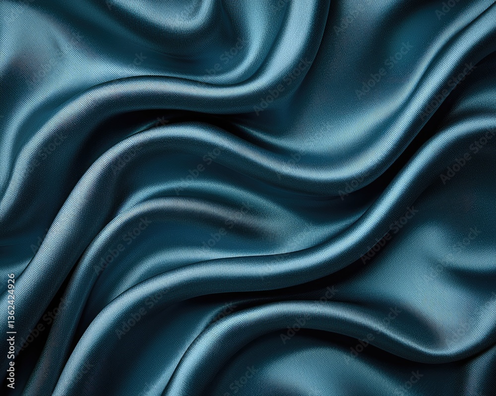 Fototapeta premium Smooth teal satin fabric draping elegantly, creating soft waves and shadows