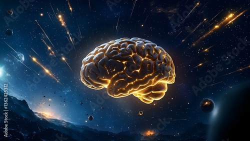 Wallpaper Mural A luminous, stylized brain floating in space with celestial elements like stars and planets surrounding it. Concept Luminous Brain, Celestial Elements, Stars and Planets, Space Theme Torontodigital.ca