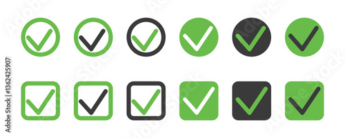 Check mark icon set. Checkmarks and confirm. Check marks for agreement, vote, confirmation, choise. Vector illustration.