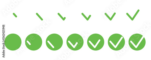 Ok button. Check mark animation kit, green color tokens, flat tick signs, vote icons. Vector isolated on the white background
