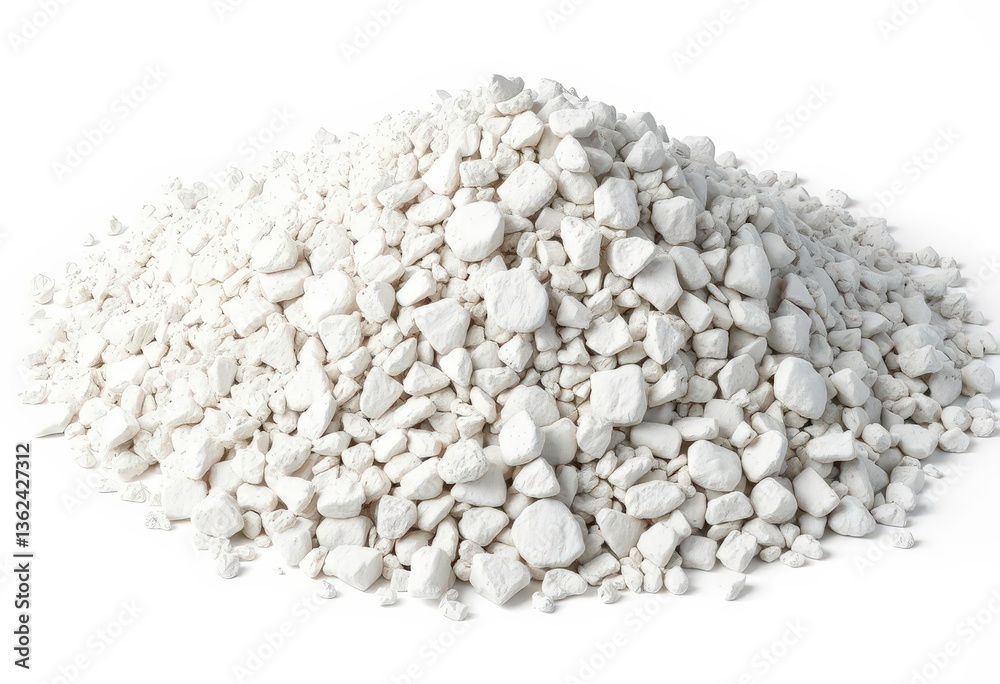 Pile of white recycled concrete aggregate rubble on a white background, broken, reclaimed Pile of white recycled concrete aggregate rubble on a white background, broken, reclaimed