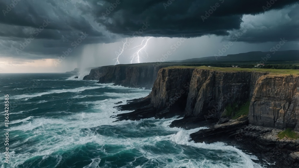 A dramatic coastal scene with cliffs, turbulent waves, and a stormy sky illuminated by lightning. A dramatic coastal scene with cliffs, turbulent waves, and a stormy sky illuminated by lightning.