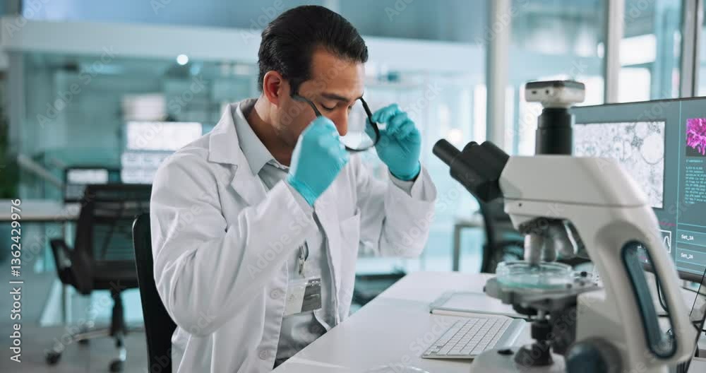 Microscope, man and scientist with petri dish in lab for DNA research, study or project. Biotechnology, RNA and professional male biologist working on pharmaceutical innovation with medical analysis. Microscope, man and scientist with petri dish in lab for DNA research, study or project. Biotechnology, RNA and professional male biologist working on pharmaceutical innovation with medical analysis.