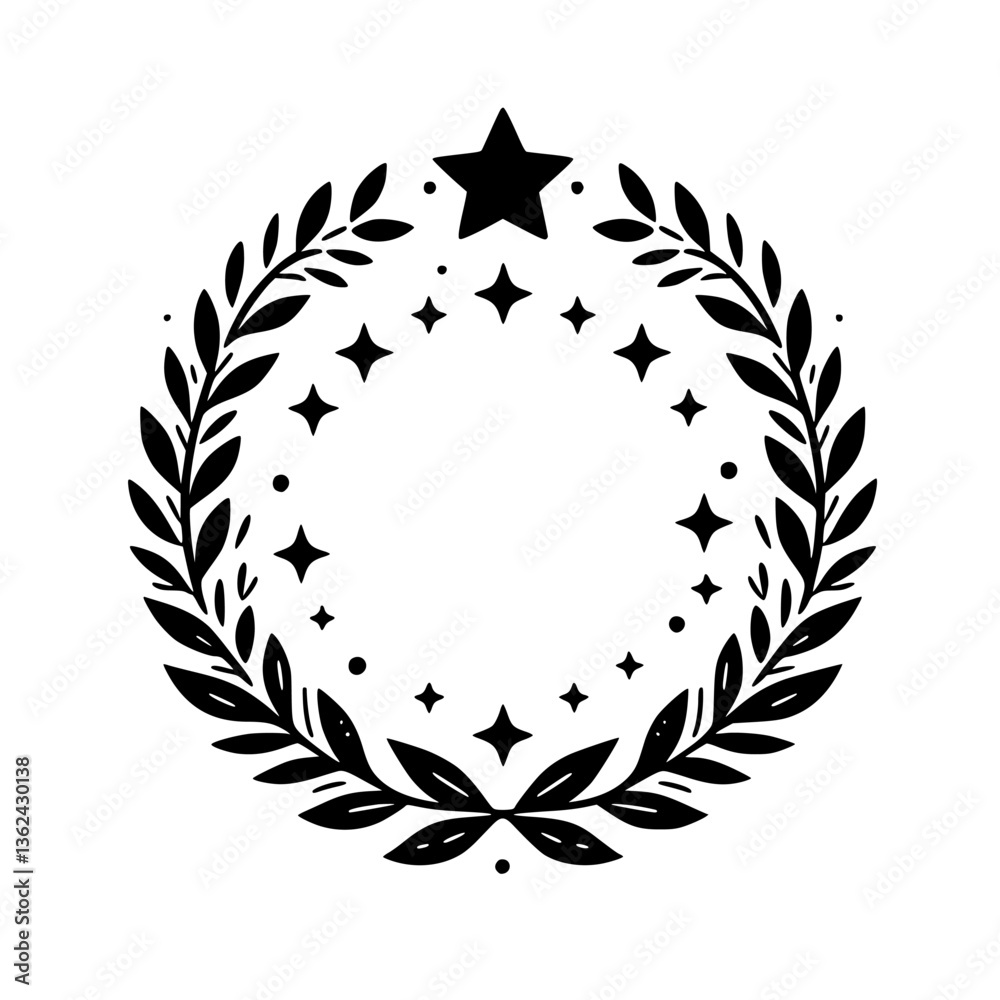 Fototapeta premium Elegant Monochrome Celestial Laurel Wreath with Star Embellishments: Minimalist Design on a White Background.