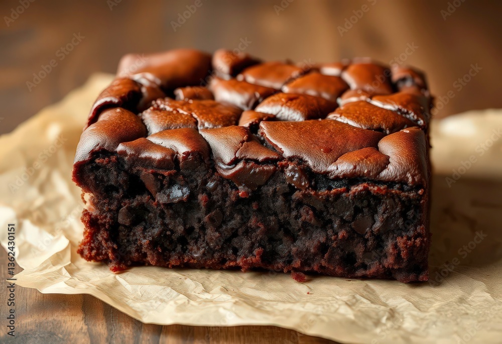 Rich, fudgy brownie with crackled top, served on parchment paper, food, milk chocolate