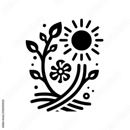 Stylized black and white illustration depicting a blossoming plant and sun, symbolizing growth, nature, and vitality.