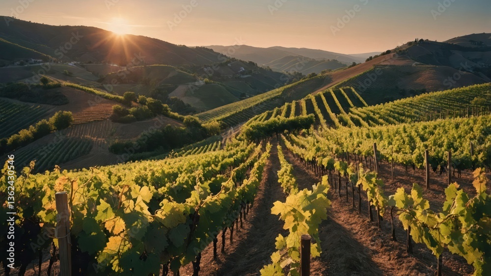 Fototapeta premium A picturesque vineyard at sunset, showcasing rows of grapevines on rolling hills.