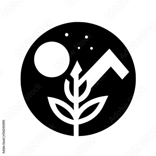 Symbolic minimalist artwork: A plant with stylized leaves and a hand-like shape reaches for it beneath a moon and stars in a black circular backdrop.