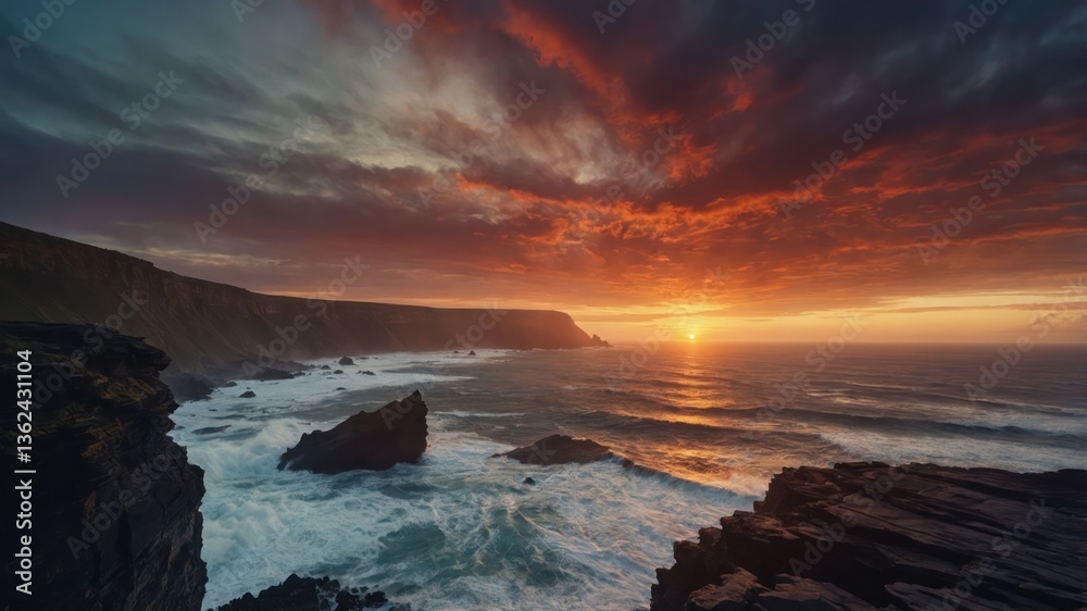 A breathtaking sunset over rugged cliffs and ocean waves, capturing nature's beauty. A breathtaking sunset over rugged cliffs and ocean waves, capturing nature's beauty.