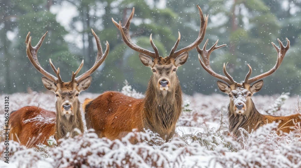 Elegant deer family gracefully wandering through a tranquil snowy winter forest landscape Elegant deer family gracefully wandering through a tranquil snowy winter forest landscape