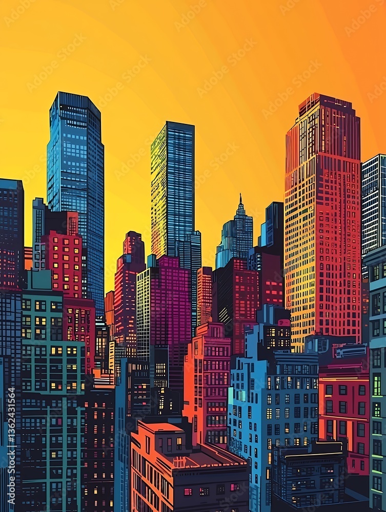 Obraz premium Vibrant city skyline at sunrise, urban landscape, architectural design, background for website or print