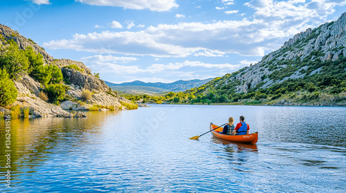 A couple canoeing on Gusana Lake, an artificial lake located in the Gavoi region of Sardinia, Italy, surrounded by picturesque landscapes and serene waters
