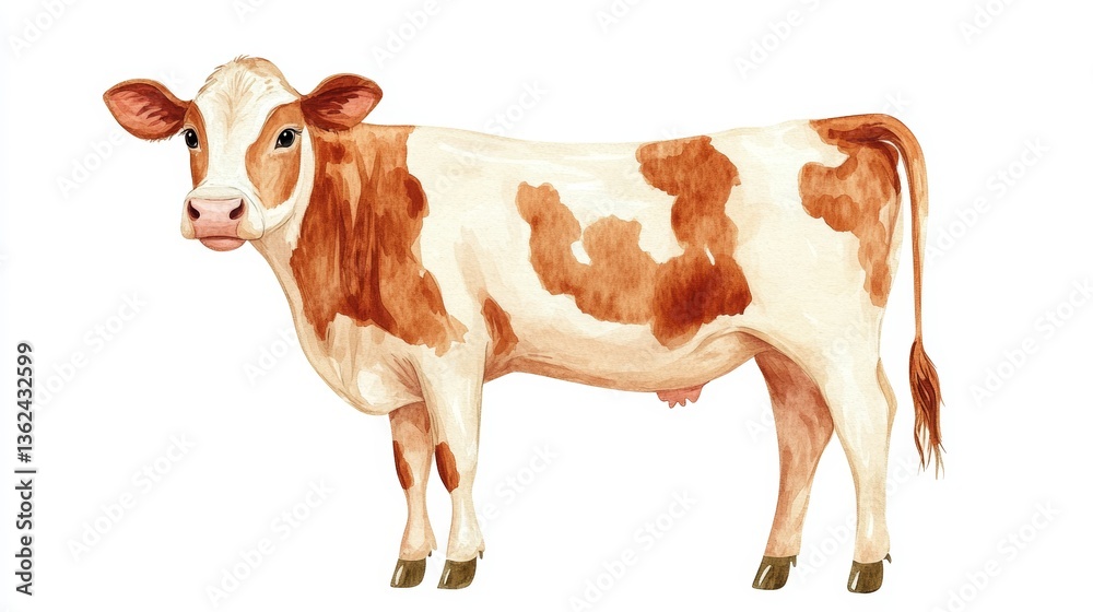 Cute Animal Cow Kids Side Profile Full Body Simple Watercolor Art Faded Color Palette on White Background Cute Animal Cow Kids Side Profile Full Body Simple Watercolor Art Faded Color Palette on White Background