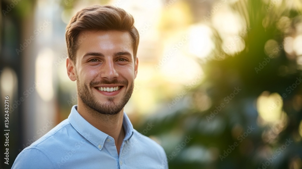 A young man with a charming smile stands in a lush urban garden. Sunlight filters through the greenery, creating a warm and inviting atmosphere around him A young man with a charming smile stands in a lush urban garden. Sunlight filters through the greenery, creating a warm and inviting atmosphere around him