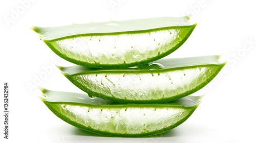 3 pieces of green aloe vera slices stacked, isolated on white