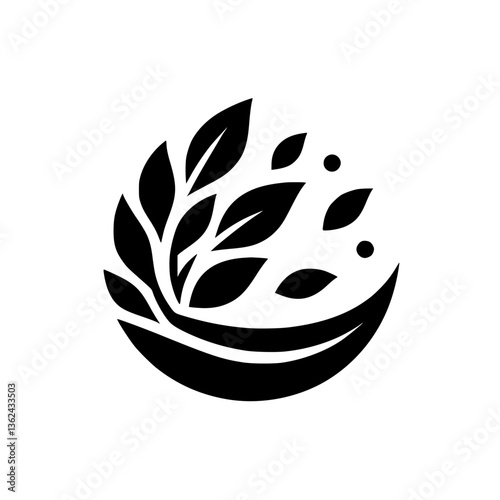 A stylized black and white emblem featuring a collection of leaves and orbs emerging from a curved base, set against a crisp white background.