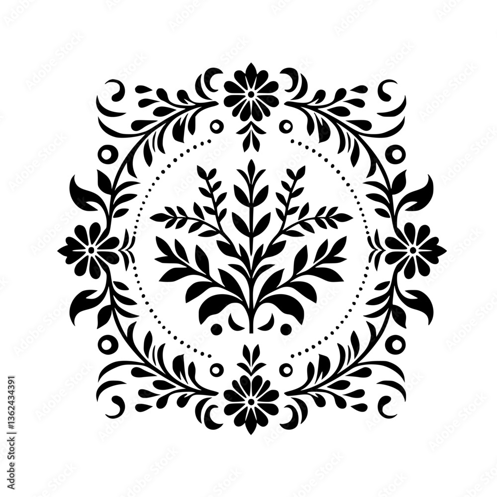 Fototapeta premium Intricate Black & White Floral Pattern: A symmetrical, stylized botanical design featuring concentric circles of leaves, flowers, and swirls, centered by an upright tree-like form.
