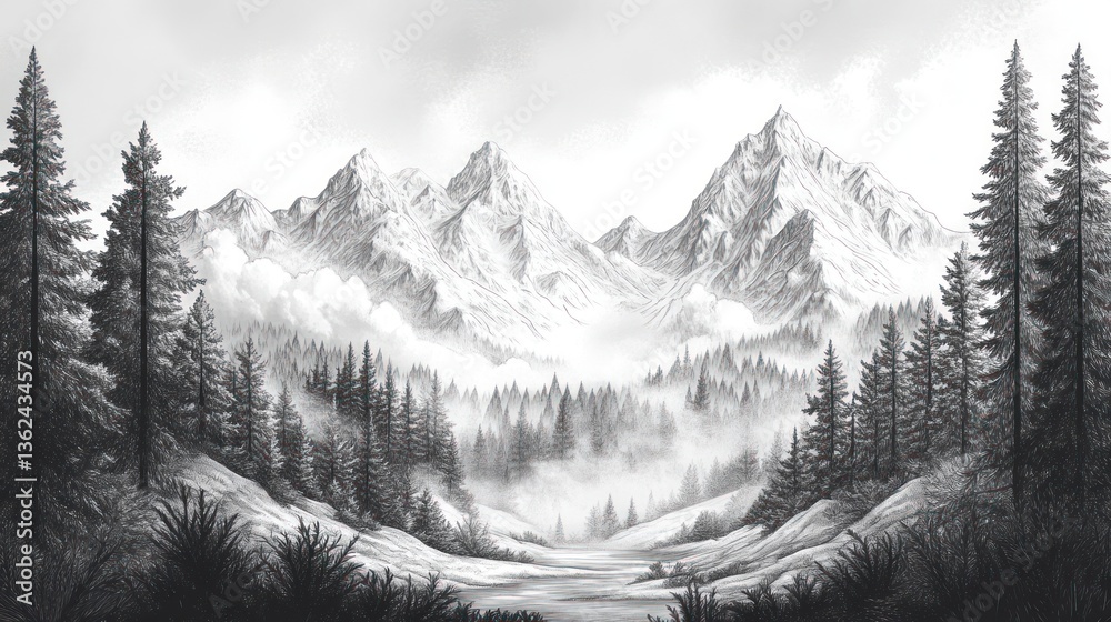 Fototapeta premium Winter mountain landscape drawing