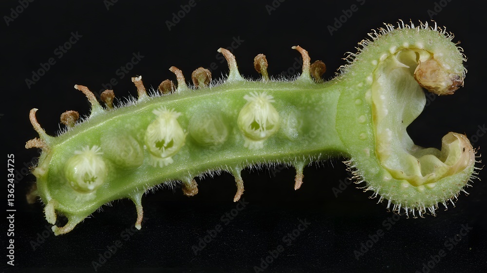 Naklejka premium Microscopic Closeup of Green Plant Seed Pod with Fine Details