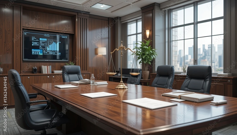 Fototapeta premium The office setting of the 3D rendering scale justice table is Digital Law and Technology.