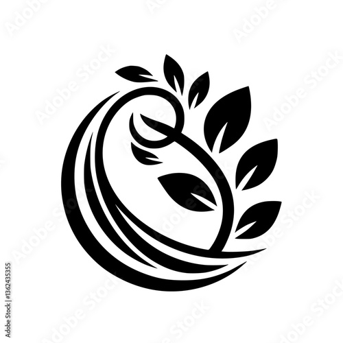 Elegant black and white botanical logo design featuring stylized leaves, swirling lines, and a circular composition, conveying growth and nature.