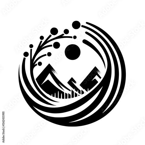A stylized black and white emblem with mountains, sun, and a plant, enclosed in a circular wave-like frame, embodying nature's balance.