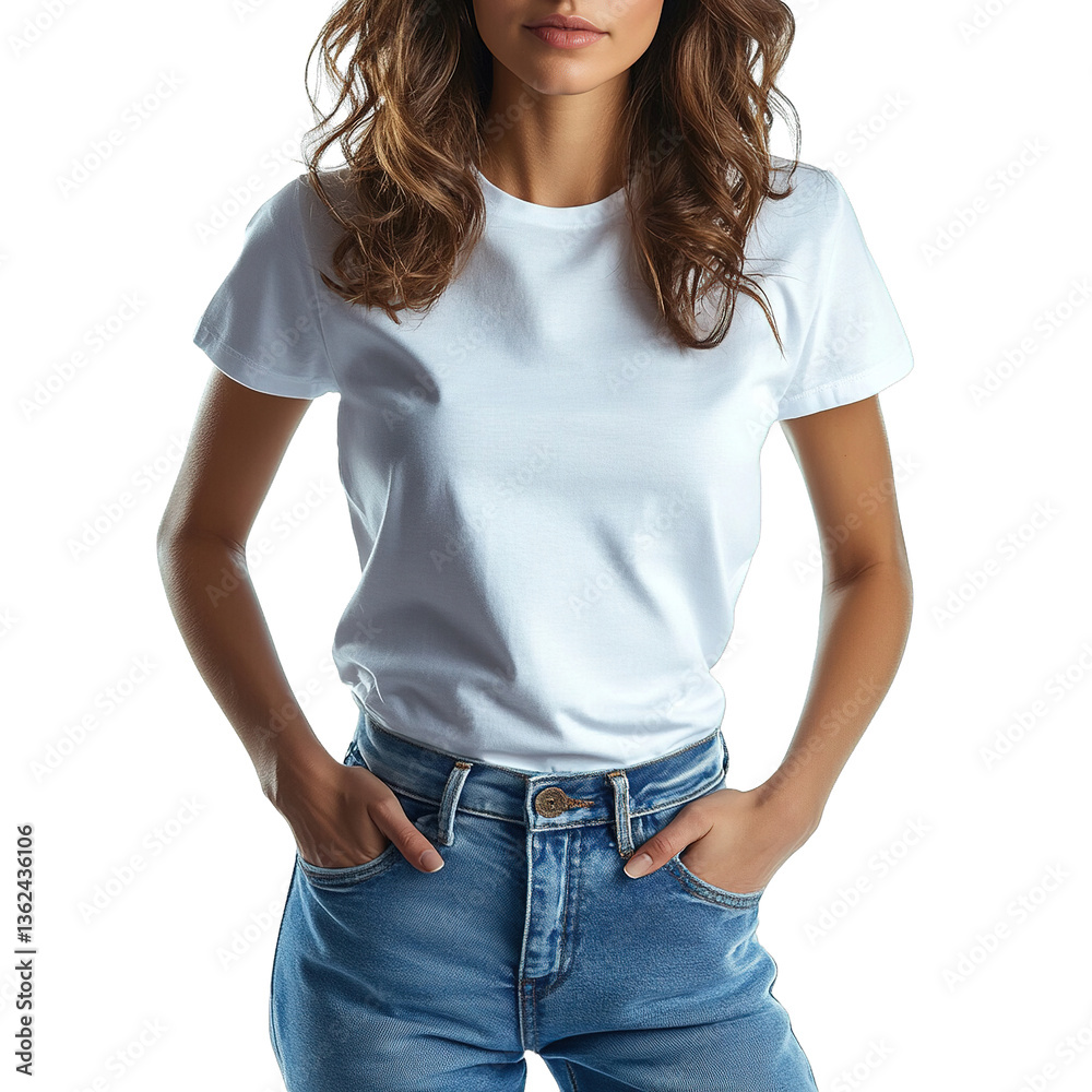 Obraz premium Confident Woman in a Classic White T-Shirt and Blue Denim Jeans with Hands in Pockets on Transparent Background