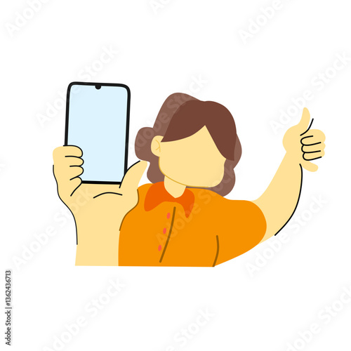 Vector illustration of a happy woman showing a thumbs up while holding a smartphone. Flat design concept for positive feedback, online review, selfie, mobile app promotion, or social media content