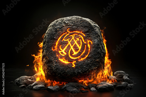 Fiery stone with glowing emblem surrounded by flames and rocks in a dark setting