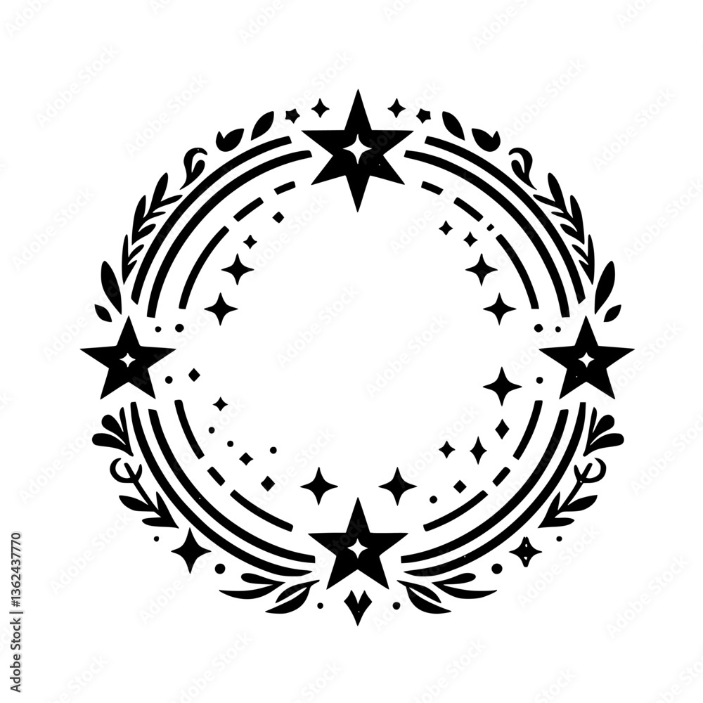 Fototapeta premium A stylized, symmetrical black and white circular design featuring four-pointed stars, curved lines, and organic floral elements, creating an elegant border or emblem against a plain white background.