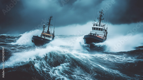 Two Ships Collide Amidst Stormy Seas, Symbolizing Nature's Unpredictable Power
