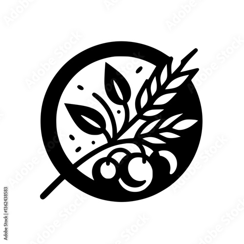Minimalist black and white botanical illustration featuring leaves, wheat, and berries, enclosed within a circular frame, suggesting nature's harmony.