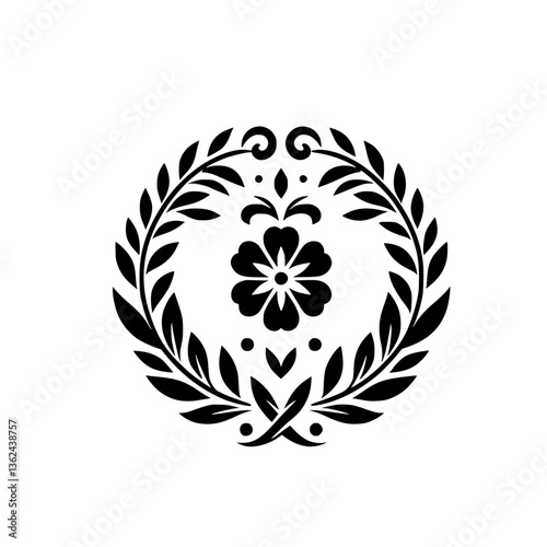 Black and white floral emblem depicting a symmetrical design of leaves, a central flower, and decorative flourishes within a circular arrangement.