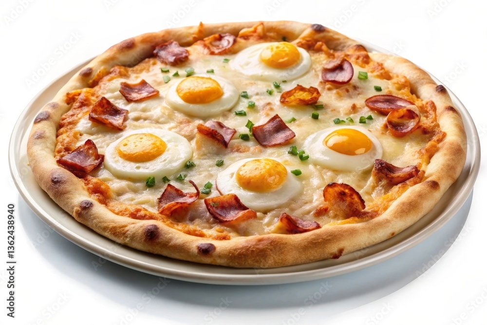 Close up Carbonara pizza showcasing creamy egg yolk, crispy pancetta, melted cheese. Textures and rich flavors come to life, emphasizing indulgent and savory appeal of this classic pizza Close up Carbonara pizza showcasing creamy egg yolk, crispy pancetta, melted cheese. Textures and rich flavors come to life, emphasizing indulgent and savory appeal of this classic pizza