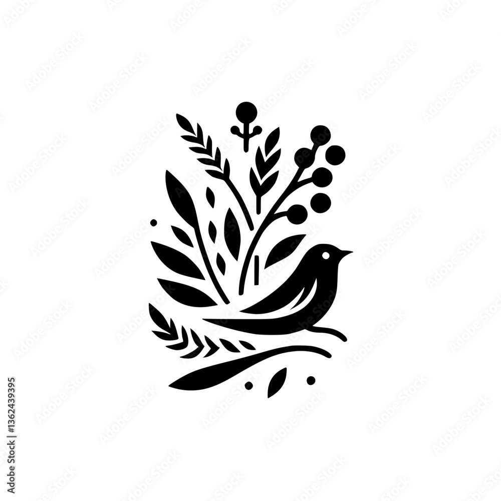 Fototapeta premium Minimalist Black and White Illustration of a Bird Perched Amidst Foliage, Emphasizing Nature's Beauty.