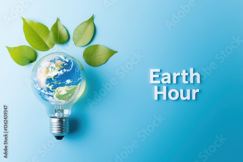 Earth Hour Concept with Light Bulb Containing Planet Earth and Green Leaf on Blue and Pastel Backgrounds, Environmental Conservation and Energy Saving Theme