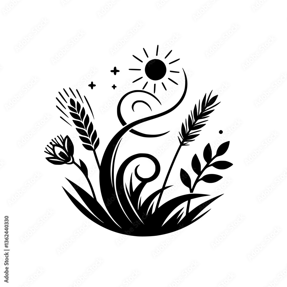 Naklejka premium Black and White Illustration of a Stylized Nature Scene with Wheat, a Flower, Grass, and a Sun, Representing Growth and Harvest.