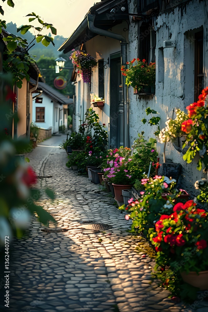 Fototapeta premium Charming narrow cobblestone street lined with colorful potted flowers and traditional houses at sunset, creating a cozy European village atmosphere.