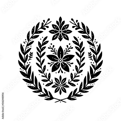 A symmetrical black and white floral design, featuring stylized flowers and leaves arranged in a circular pattern on a plain white background, emphasizing simplicity and elegance.