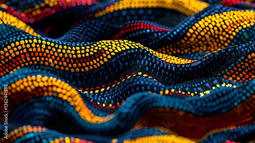 Vibrant wavy pattern with dotted lines in yellow, red, blue and orange creates dynamic abstract background with tribal aboriginal art style influence. Macro view.