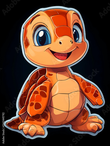 Cute cartoon turtle with orange shell, big blue eyes, and a happy smile