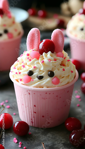 Cute cupcake with pink bunny ears, candy sprinkles, cherry topping, & sweet frosting
